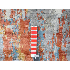 2'6"x9'9" Rust Orange with Medium Gray, Hand Knotted, Abstract with Fire Mosaic Design, Wool and Silk, Runner, Oriental Rug FWR60624