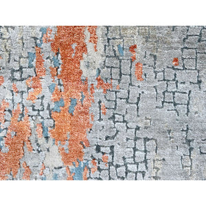 2'6"x9'9" Rust Orange with Medium Gray, Hand Knotted, Abstract with Fire Mosaic Design, Wool and Silk, Runner, Oriental Rug FWR60624