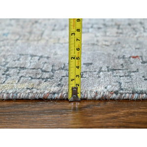 2'6"x9'9" Rust Orange with Medium Gray, Hand Knotted, Abstract with Fire Mosaic Design, Wool and Silk, Runner, Oriental Rug FWR60624