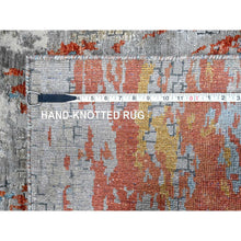 Load image into Gallery viewer, 2&#39;6&quot;x9&#39;9&quot; Rust Orange with Medium Gray, Hand Knotted, Abstract with Fire Mosaic Design, Wool and Silk, Runner, Oriental Rug FWR60624