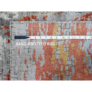 2'6"x9'9" Rust Orange with Medium Gray, Hand Knotted, Abstract with Fire Mosaic Design, Wool and Silk, Runner, Oriental Rug FWR60624