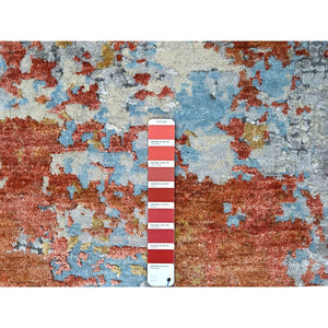 8'x8' Burnt Orange with Cloud Gray, Abstract with Fire Mosaic Design, Wool and Silk, Hand Knotted, Round, Oriental Rug FWR60630