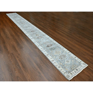 2'9"x21'10" Misty Gray, Pure Wool, Hand Knotted, Karajeh Design with Tribal Medallions, Vegetable Dyes, XL Runner, Oriental Rug FWR60672