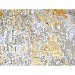 2'6"x6' Beige With Gold, Abstract Design, Wool And Silk, Hi-low Pile, Hand Knotted, Runner, Oriental Rug FWR60696