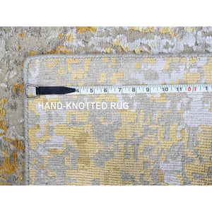 2'6"x6' Beige With Gold, Abstract Design, Wool And Silk, Hi-low Pile, Hand Knotted, Runner, Oriental Rug FWR60696