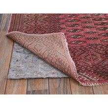 Load image into Gallery viewer, 6&#39;4&quot;x9&#39;3&quot; Blush Red, Overdyed Vintage Turkoman With Intricate Repetitive Gul Motif Pattern, Worn Down, Sheared Low, Zero Pile, Sides And Ends Professionally Secured, Hand Knotted, 100% Wool, Oriental Rug FWR6066