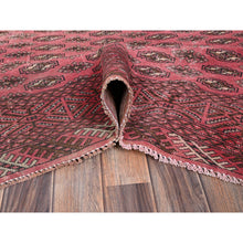 Load image into Gallery viewer, 6&#39;4&quot;x9&#39;3&quot; Blush Red, Overdyed Vintage Turkoman With Intricate Repetitive Gul Motif Pattern, Worn Down, Sheared Low, Zero Pile, Sides And Ends Professionally Secured, Hand Knotted, 100% Wool, Oriental Rug FWR6066