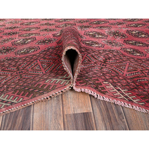 6'4"x9'3" Blush Red, Overdyed Vintage Turkoman With Intricate Repetitive Gul Motif Pattern, Worn Down, Sheared Low, Zero Pile, Sides And Ends Professionally Secured, Hand Knotted, 100% Wool, Oriental Rug FWR6066