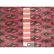 Load image into Gallery viewer, 6&#39;4&quot;x9&#39;3&quot; Blush Red, Overdyed Vintage Turkoman With Intricate Repetitive Gul Motif Pattern, Worn Down, Sheared Low, Zero Pile, Sides And Ends Professionally Secured, Hand Knotted, 100% Wool, Oriental Rug FWR6066