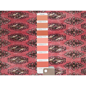 6'4"x9'3" Blush Red, Overdyed Vintage Turkoman With Intricate Repetitive Gul Motif Pattern, Worn Down, Sheared Low, Zero Pile, Sides And Ends Professionally Secured, Hand Knotted, 100% Wool, Oriental Rug FWR6066