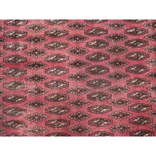 Load image into Gallery viewer, 6&#39;4&quot;x9&#39;3&quot; Blush Red, Overdyed Vintage Turkoman With Intricate Repetitive Gul Motif Pattern, Worn Down, Sheared Low, Zero Pile, Sides And Ends Professionally Secured, Hand Knotted, 100% Wool, Oriental Rug FWR6066