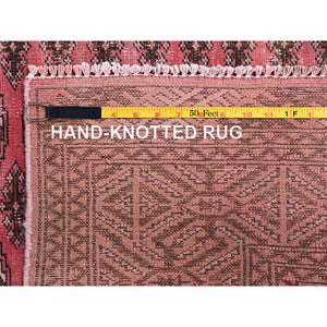 6'4"x9'3" Blush Red, Overdyed Vintage Turkoman With Intricate Repetitive Gul Motif Pattern, Worn Down, Sheared Low, Zero Pile, Sides And Ends Professionally Secured, Hand Knotted, 100% Wool, Oriental Rug FWR6066
