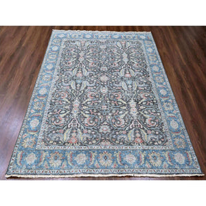 7'8"x9'6" Charcoal Black, Cropped Thin, Antiqued Zeigler Mahal with Zero Pile, Hand Knotted, 100% Wool, Oriental Rug FWR60804