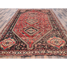 Load image into Gallery viewer, 7&#39;1&quot;x9&#39;9&quot; Imperial Red, Vintage Persian Shiraz With Geometric Medallions, Small Bird Figurines, Worn Down, Sheared Low, Zero Pile, Sides And Ends Professionally Secured, Hand Knotted, 100% Wool, Oriental Rug FWR6078