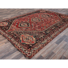 Load image into Gallery viewer, 7&#39;1&quot;x9&#39;9&quot; Imperial Red, Vintage Persian Shiraz With Geometric Medallions, Small Bird Figurines, Worn Down, Sheared Low, Zero Pile, Sides And Ends Professionally Secured, Hand Knotted, 100% Wool, Oriental Rug FWR6078