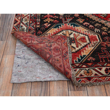 Load image into Gallery viewer, 7&#39;1&quot;x9&#39;9&quot; Imperial Red, Vintage Persian Shiraz With Geometric Medallions, Small Bird Figurines, Worn Down, Sheared Low, Zero Pile, Sides And Ends Professionally Secured, Hand Knotted, 100% Wool, Oriental Rug FWR6078