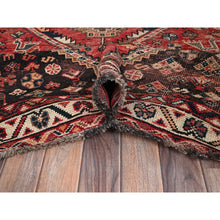 Load image into Gallery viewer, 7&#39;1&quot;x9&#39;9&quot; Imperial Red, Vintage Persian Shiraz With Geometric Medallions, Small Bird Figurines, Worn Down, Sheared Low, Zero Pile, Sides And Ends Professionally Secured, Hand Knotted, 100% Wool, Oriental Rug FWR6078