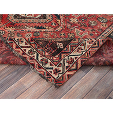 Load image into Gallery viewer, 7&#39;1&quot;x9&#39;9&quot; Imperial Red, Vintage Persian Shiraz With Geometric Medallions, Small Bird Figurines, Worn Down, Sheared Low, Zero Pile, Sides And Ends Professionally Secured, Hand Knotted, 100% Wool, Oriental Rug FWR6078