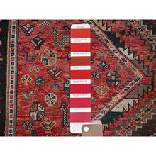 Load image into Gallery viewer, 7&#39;1&quot;x9&#39;9&quot; Imperial Red, Vintage Persian Shiraz With Geometric Medallions, Small Bird Figurines, Worn Down, Sheared Low, Zero Pile, Sides And Ends Professionally Secured, Hand Knotted, 100% Wool, Oriental Rug FWR6078