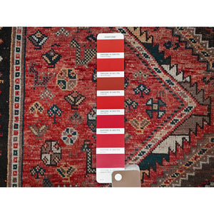 7'1"x9'9" Imperial Red, Vintage Persian Shiraz With Geometric Medallions, Small Bird Figurines, Worn Down, Sheared Low, Zero Pile, Sides And Ends Professionally Secured, Hand Knotted, 100% Wool, Oriental Rug FWR6078