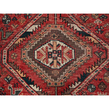 Load image into Gallery viewer, 7&#39;1&quot;x9&#39;9&quot; Imperial Red, Vintage Persian Shiraz With Geometric Medallions, Small Bird Figurines, Worn Down, Sheared Low, Zero Pile, Sides And Ends Professionally Secured, Hand Knotted, 100% Wool, Oriental Rug FWR6078