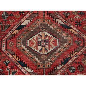 7'1"x9'9" Imperial Red, Vintage Persian Shiraz With Geometric Medallions, Small Bird Figurines, Worn Down, Sheared Low, Zero Pile, Sides And Ends Professionally Secured, Hand Knotted, 100% Wool, Oriental Rug FWR6078