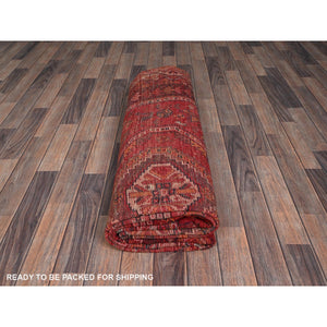 7'1"x9'9" Imperial Red, Vintage Persian Shiraz With Geometric Medallions, Small Bird Figurines, Worn Down, Sheared Low, Zero Pile, Sides And Ends Professionally Secured, Hand Knotted, 100% Wool, Oriental Rug FWR6078