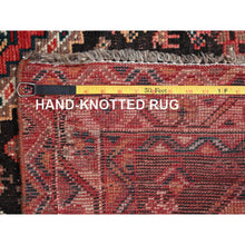 Load image into Gallery viewer, 7&#39;1&quot;x9&#39;9&quot; Imperial Red, Vintage Persian Shiraz With Geometric Medallions, Small Bird Figurines, Worn Down, Sheared Low, Zero Pile, Sides And Ends Professionally Secured, Hand Knotted, 100% Wool, Oriental Rug FWR6078