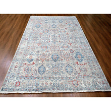 Load image into Gallery viewer, 8&#39;9&quot;x11&#39;9&quot; Shades Of Blue, Antiqued Tabriz Design, Distressed With Abrash, Zero Pile, Shaved Low, 100% Wool, Hand Knotted, Oriental Rug FWR60852
