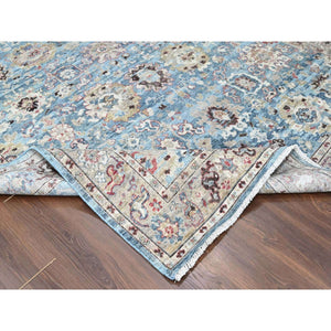 7'8"x9'8" Maya Blue, Antiqued Tabriz with All Over Leaf Design, Distressed, Zero Pile, Shaved Low, Pure Wool, Hand Knotted, Oriental Rug FWR60876