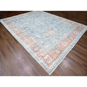 12'x14'10" Stone Blue, Antiqued Persian Ziegler Mahal Design, Distressed, Zero Pile, Shaved Low, 100% Wool, Hand Knotted, Oversized, Oriental Rug FWR60930