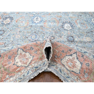 12'x14'10" Stone Blue, Antiqued Persian Ziegler Mahal Design, Distressed, Zero Pile, Shaved Low, 100% Wool, Hand Knotted, Oversized, Oriental Rug FWR60930