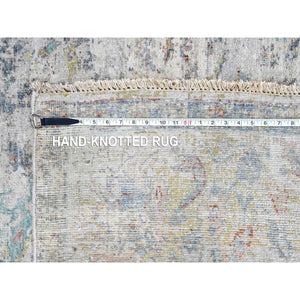 7'9"x10' Burlywood Brown, Colorful Diamond Motif, Natural Wool with Sari Silk, Textured Pile, Hand Knotted, Oriental Rug FWR457146