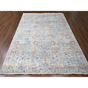 9'10"x13'10" Misty Gray, Hand Knotted, Caucasian Gul Motifs, Zero Pile With Distinct Abrash, Distressed And Sheared Down, Pure Wool, Oriental Rug FWR61002