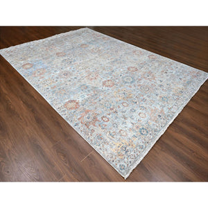 9'10"x13'10" Misty Gray, Hand Knotted, Caucasian Gul Motifs, Zero Pile With Distinct Abrash, Distressed And Sheared Down, Pure Wool, Oriental Rug FWR61002