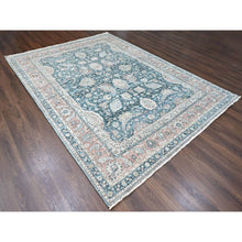 Load image into Gallery viewer, 9&#39;x11&#39;10&quot; Teal Color, Antiqued Tabriz Design, Distressed with Abrash, Zero Pile, Shaved Low, 100% Wool, Hand Knotted, Oriental Rug FWR61038