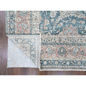 9'x11'10" Teal Color, Antiqued Tabriz Design, Distressed with Abrash, Zero Pile, Shaved Low, 100% Wool, Hand Knotted, Oriental Rug FWR61038