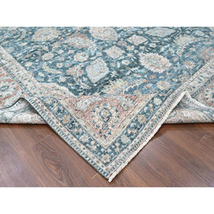 9'x11'10" Teal Color, Antiqued Tabriz Design, Distressed with Abrash, Zero Pile, Shaved Low, 100% Wool, Hand Knotted, Oriental Rug FWR61038