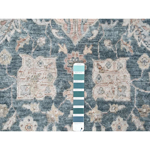 9'x11'10" Teal Color, Antiqued Tabriz Design, Distressed with Abrash, Zero Pile, Shaved Low, 100% Wool, Hand Knotted, Oriental Rug FWR61038