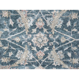 9'x11'10" Teal Color, Antiqued Tabriz Design, Distressed with Abrash, Zero Pile, Shaved Low, 100% Wool, Hand Knotted, Oriental Rug FWR61038