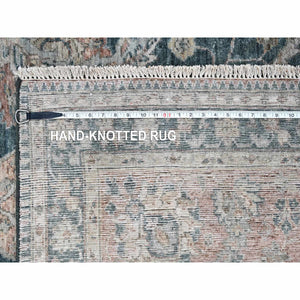 9'x11'10" Teal Color, Antiqued Tabriz Design, Distressed with Abrash, Zero Pile, Shaved Low, 100% Wool, Hand Knotted, Oriental Rug FWR61038