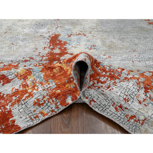 9'x11'10" Burnt Orange with Cloud Gray, Abstract with Fire Mosaic Design, Wool and Silk, Hand Knotted, Oriental Rug FWR61068