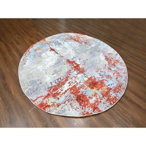 9'10"x9'10" Rust Orange with Blue, Abstract with Fire Mosaic Design, Wool and Silk, Hand Knotted, Round, Oriental Rug FWR61074
