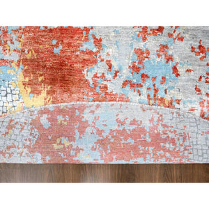 9'10"x9'10" Rust Orange with Blue, Abstract with Fire Mosaic Design, Wool and Silk, Hand Knotted, Round, Oriental Rug FWR61074