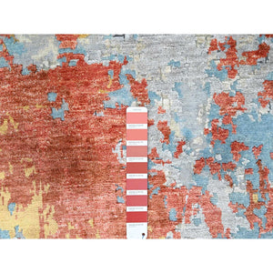 9'10"x9'10" Rust Orange with Blue, Abstract with Fire Mosaic Design, Wool and Silk, Hand Knotted, Round, Oriental Rug FWR61074
