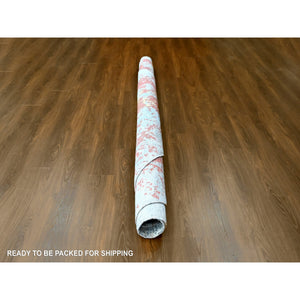 9'10"x9'10" Rust Orange with Blue, Abstract with Fire Mosaic Design, Wool and Silk, Hand Knotted, Round, Oriental Rug FWR61074