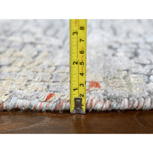 9'10"x9'10" Rust Orange with Blue, Abstract with Fire Mosaic Design, Wool and Silk, Hand Knotted, Round, Oriental Rug FWR61074