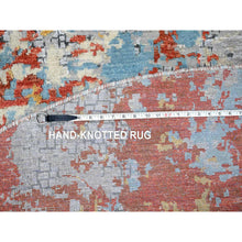 Load image into Gallery viewer, 9&#39;10&quot;x9&#39;10&quot; Rust Orange with Blue, Abstract with Fire Mosaic Design, Wool and Silk, Hand Knotted, Round, Oriental Rug FWR61074
