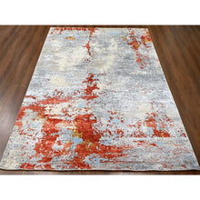 Load image into Gallery viewer, 7&#39;10&quot;x9&#39;10&quot; Dark Coral With Medium Gray, Abstract With Fire Mosaic Design, Densely Woven, Wool And Silk, Hand Knotted, Oriental Rug FWR61080