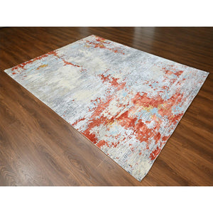7'10"x9'10" Dark Coral with Medium Gray, Abstract with Fire Mosaic Design, Densely Woven, Wool and Silk, Hand Knotted, Oriental Rug FWR61080